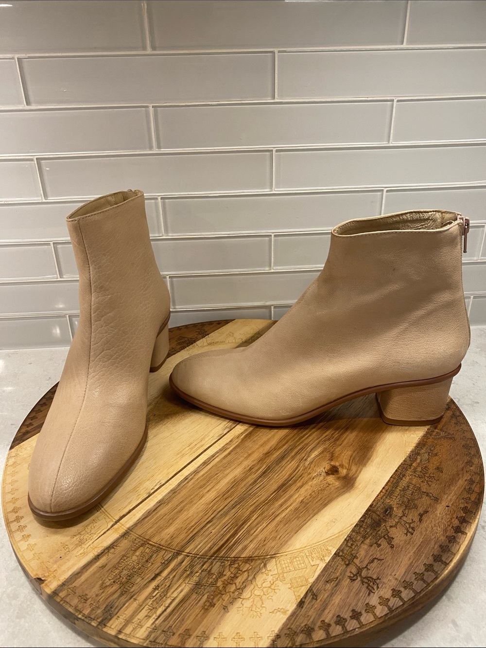 Anthropologie creamy Beige Leather Ankle Booties with Block Heel